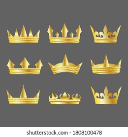 Vector set of gold crowns on dark grey background