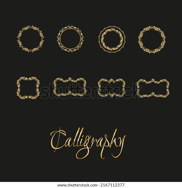Vector set of gold decorative borders, frames,\
dividers, on a black\
background