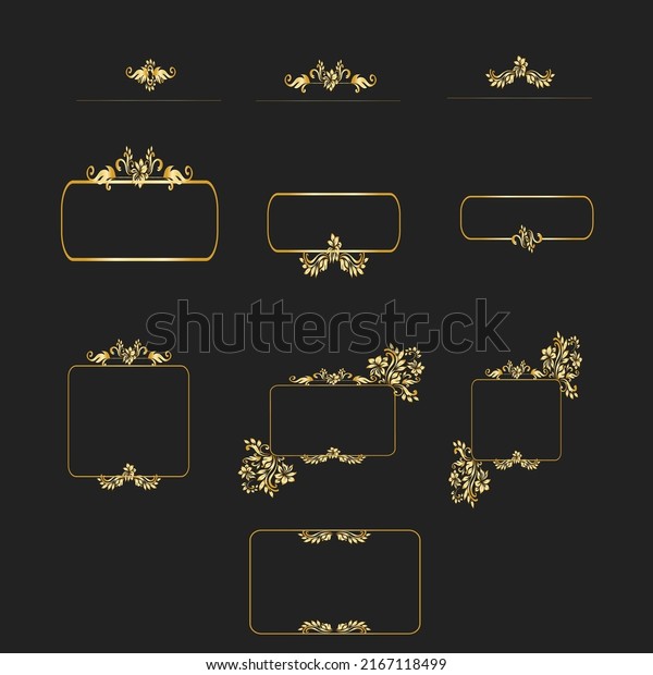 Vector set of gold decorative borders, frames,\
dividers, on a dark black\
background