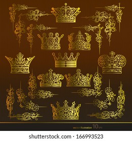 Vector set of gold decorative crown,Area elements, corners, borders, frame, .