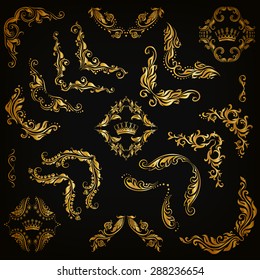 Vector set of gold decorative hand-drawn floral elements, filigree corners, borders, frame, crown, monograms on black background. Page, web site decoration in vintage style. Vector illustration EPS 10