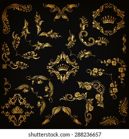 Vector set of gold decorative hand-drawn floral elements, filigree corners, borders, frame, crown, monograms on black background. Page, web site decoration in vintage style. Vector illustration EPS 10