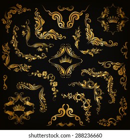 Vector set of gold decorative hand-drawn floral elements, filigree corners, borders, frame, crown, monograms on black background. Page, web site decoration in vintage style. Vector illustration EPS 10