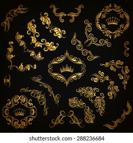 Vector set of gold decorative hand-drawn floral elements, filigree corners, borders, frame, crown, monograms on black background. Page, web site decoration in vintage style. Vector illustration EPS 10