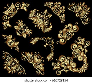 Vector set of gold decorative hand-drawn floral elements, filigree corners on black background. Page, web site decoration in vintage style.