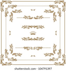 Vector set of gold decorative horizontal floral elements, corners, borders, frame, crown. Page decoration.