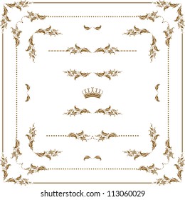 Vector set of gold decorative horizontal floral elements, corners, borders, frame, crown. Page decoration.