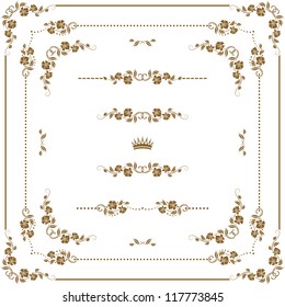 Vector set of gold decorative horizontal floral elements, corners, borders, frame, crown.  Page decoration.