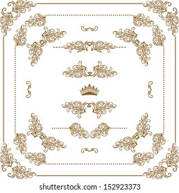 Vector set of gold decorative horizontal floral elements, corners, borders, frame, dividers, crown.  Page decoration.