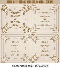Vector set of gold decorative horizontal floral elements, corners, borders, frame, dividers, crown. Page decoration.