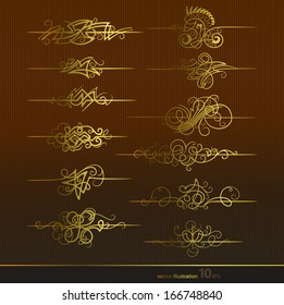 Vector set of gold decorative horizontal floral elements, corners, borders, frame, .