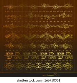 Vector set of gold decorative horizontal floral elements, corners, borders, frame, .