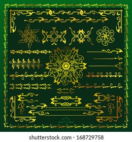Vector set of gold decorative horizontal floral elements, corners, borders, frame, .