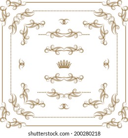 Vector set of gold decorative horizontal floral elements, corners, borders, crown. Page decoration