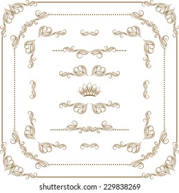 Vector set of gold decorative horizontal floral elements, corners, borders, crown. Page decoration.