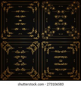 Vector set of gold decorative horizontal floral elements, corners, borders, frame, dividers, crown on black background. Page, web site decoration. Vector illustration EPS 10.