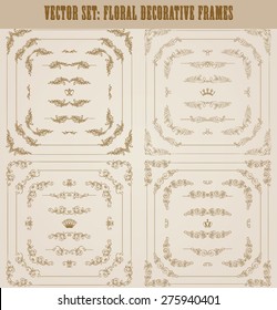 Vector set of gold decorative horizontal floral elements, corners, borders, frame, dividers, crown for retro design of page, invitation, wedding, greeting, gift card, certificate. Vector illustration.