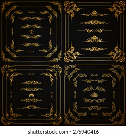 Vector set of gold decorative horizontal floral elements, corners, borders, frame, dividers, crown on black background. Page, web site decoration. Vector illustration EPS 10.