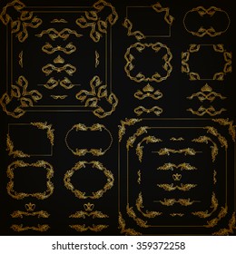 Vector set of gold decorative horizontal floral elements, corners, borders, frame, dividers, crown on black background. Page, web site decoration. Vector illustration EPS 10.