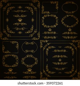 Vector set of gold decorative horizontal floral elements, corners, borders, frame, dividers, crown on black background. Page, web site decoration. Vector illustration EPS 10.