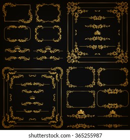 Vector set of gold decorative horizontal floral elements, corners, borders, frame, dividers, crown on black background. Page, web site decoration. Vector illustration EPS 10.