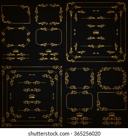 Vector set of gold decorative horizontal floral elements, corners, borders, frame, dividers, crown on black background. Page, web site decoration. Vector illustration EPS 10.