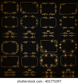 Vector set of gold decorative horizontal floral elements, corners, borders, frame, dividers, crown on black background. Page, web site decoration. Vector illustration EPS 10.