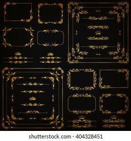 Vector set of gold decorative horizontal floral elements, corners, borders, frame, dividers, crown on black background. Page, web site decoration. Vector illustration EPS 10.