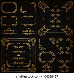 Vector set of gold decorative horizontal floral elements, corners, borders, frame, dividers, crown on black background. Page, web site decoration. Vector illustration EPS 10.