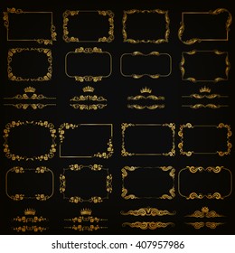 Vector set of gold decorative horizontal floral elements, corners, borders, frame, dividers, crown on black background. Page, web site decoration. Vector illustration EPS 10.