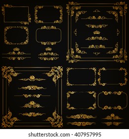 Vector set of gold decorative horizontal floral elements, corners, borders, frame, dividers, crown on black background. Page, web site decoration. Vector illustration EPS 10.