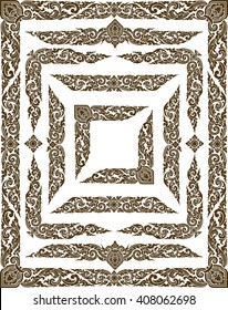 Vector set of gold decorative horizontal floral elements, corners, borders