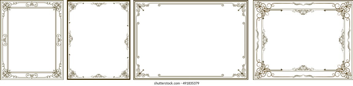 Vector set of gold decorative horizontal floral elements, corners, borders, frame