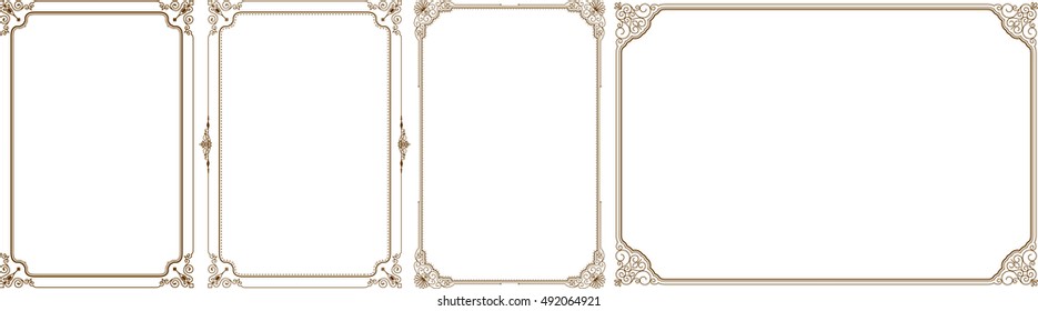 Vector set of gold decorative horizontal floral elements, corners, borders, frame