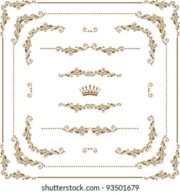 Vector Set Of Gold Decorative Horizontal Floral Elements, Corners, Borders, Frame, Crown. Page Decoration.