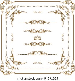 Vector set of gold decorative horizontal floral elements, corners, borders, frame, crown. Page decoration.