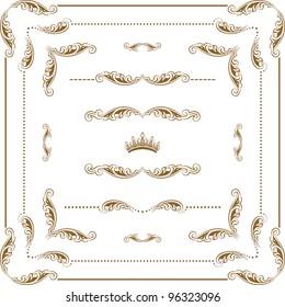 Vector set of gold decorative horizontal floral elements, corners, borders, frame, crown. Page decoration.