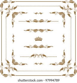 Vector set of gold decorative horizontal floral elements, corners, borders, frame, crown. Page decoration.