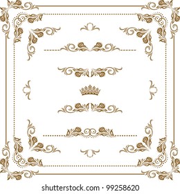 Vector set of gold decorative horizontal floral elements, corners, borders, frame, crown. Page decoration.