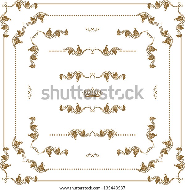 Vector\
set of gold decorative horizontal floral elements, corners,\
borders, frame, dividers, crown.  Page\
decoration.