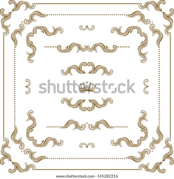 Vector\
set of gold decorative horizontal floral elements, corners,\
borders, frame, dividers, crown.  Page\
decoration.