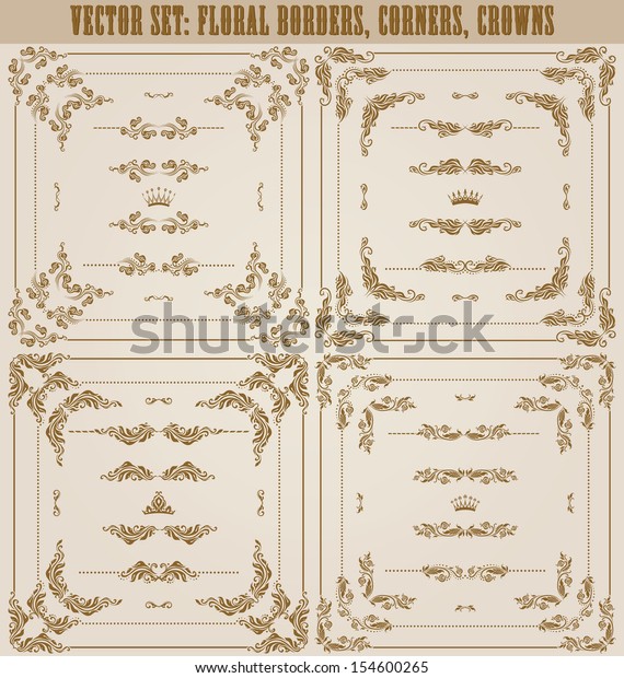 Vector\
set of gold decorative horizontal floral elements, corners,\
borders, frame, dividers, crown. Page\
decoration.