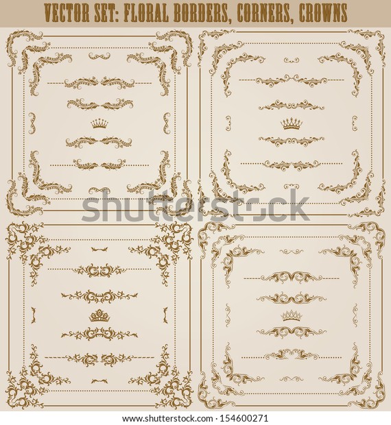 Vector
set of gold decorative horizontal floral elements, corners,
borders, frame, dividers, crown. Page
decoration.