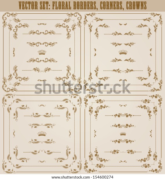 Vector\
set of gold decorative horizontal floral elements, corners,\
borders, frame, dividers, crown. Page\
decoration.