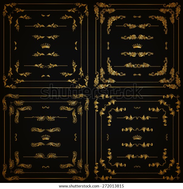 Vector set of\
gold decorative horizontal floral elements, corners, borders,\
frame, dividers, crown on black background. Page, web site\
decoration. Vector illustration EPS\
10.