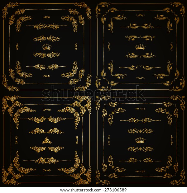 Vector set of\
gold decorative horizontal floral elements, corners, borders,\
frame, dividers, crown on black background. Page, web site\
decoration. Vector illustration EPS\
10.