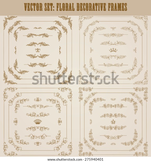 Vector set of gold decorative horizontal\
floral elements, corners, borders, frame, dividers, crown for retro\
design of page, invitation, wedding, greeting, gift card,\
certificate. Vector\
illustration.