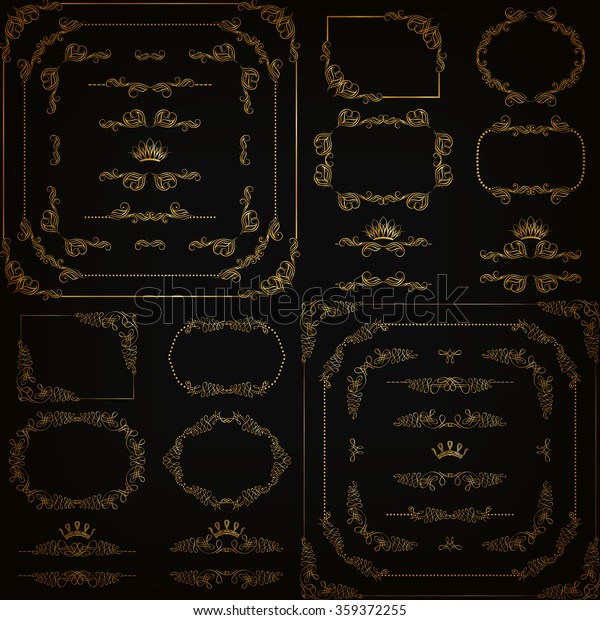 Vector set of
gold decorative horizontal floral elements, corners, borders,
frame, dividers, crown on black background. Page, web site
decoration. Vector illustration EPS
10.