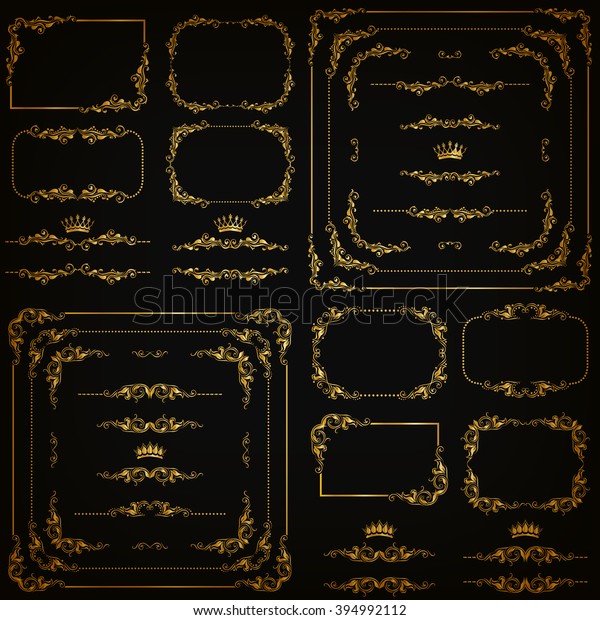 Vector set of
gold decorative horizontal floral elements, corners, borders,
frame, dividers, crown on black background. Page, web site
decoration. Vector illustration EPS
10.