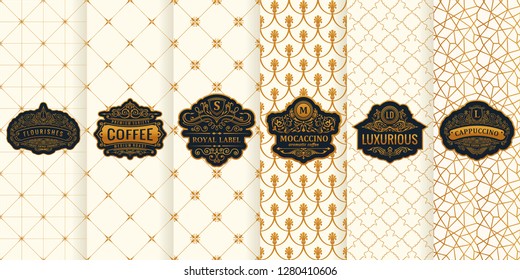 Vector set of gold design elements. Restaurant labels, icon, logo, frame, luxury packaging for the product. Vertical beige cards on a white background. Templates vintage ornament